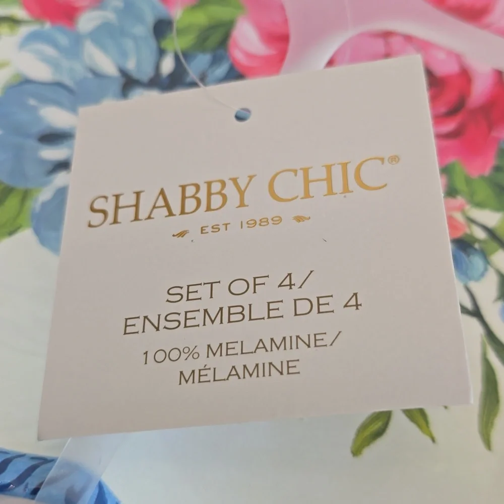 NWT Shabby Chic  Set Of 4 100% Floral Blue Pink Scalloped Melamine Plates